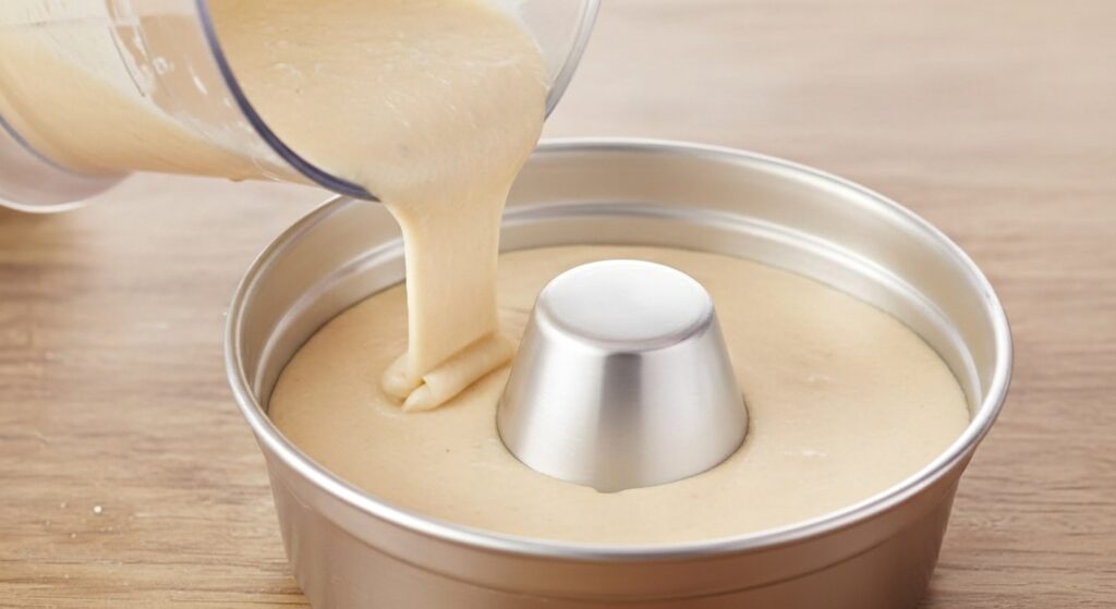 Massa da receita de bolo salgado de liquidificador sendo despejada na forma.