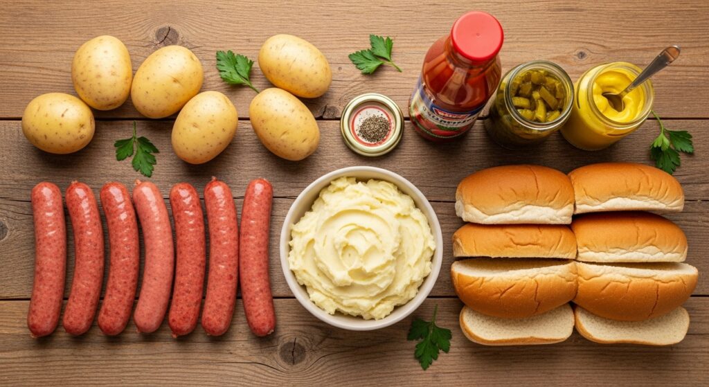 Ingredientes para receita de cachorro quente com purê organizados em uma bancada de cozinha.