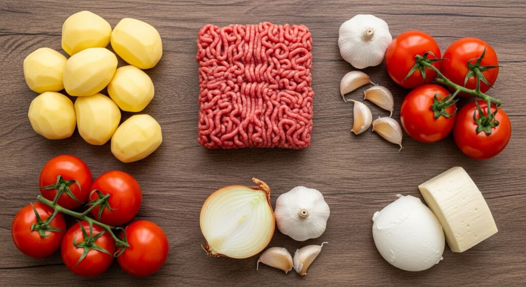 Ingredientes para a receita de escondidinho de carne moída organizados em uma bancada de cozinha.