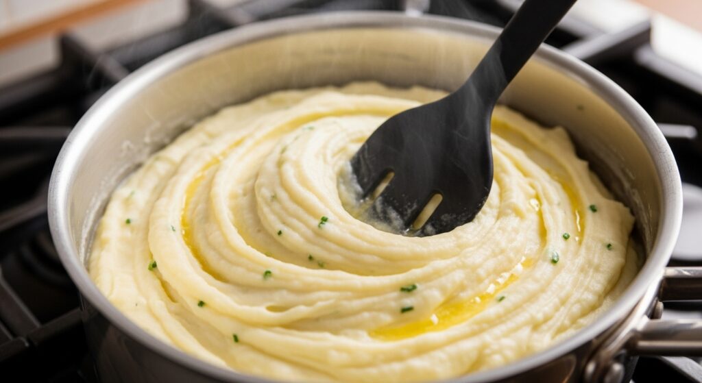 Purê de batata cremoso para a receita de escondidinho de carne moída sendo preparado.