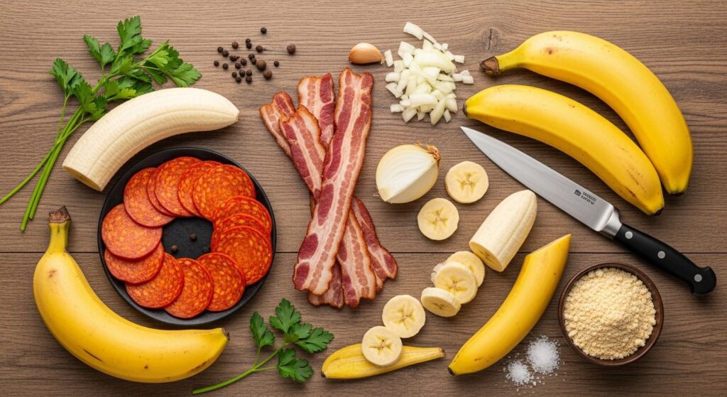 Ingredientes para a receita de farofa de banana da terra com bacon organizados em uma bancada de cozinha.