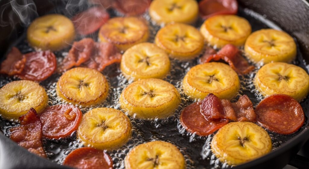 Bananas-da-terra da receita de farofa de banana da terra com bacon sendo fritas em uma frigideira.