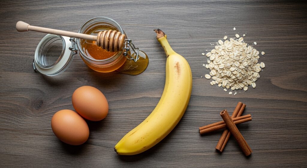 Ingredientes para a receita de panqueca de banana com aveia fit organizados em uma bancada de cozinha.