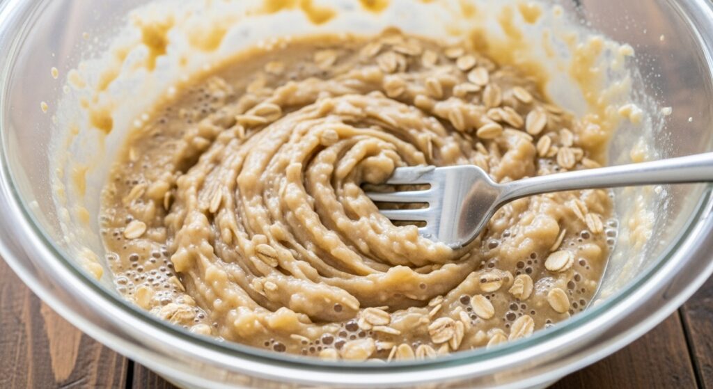 Massa da receita de panqueca de banana com aveia fit sendo preparada em tigela de vidro.