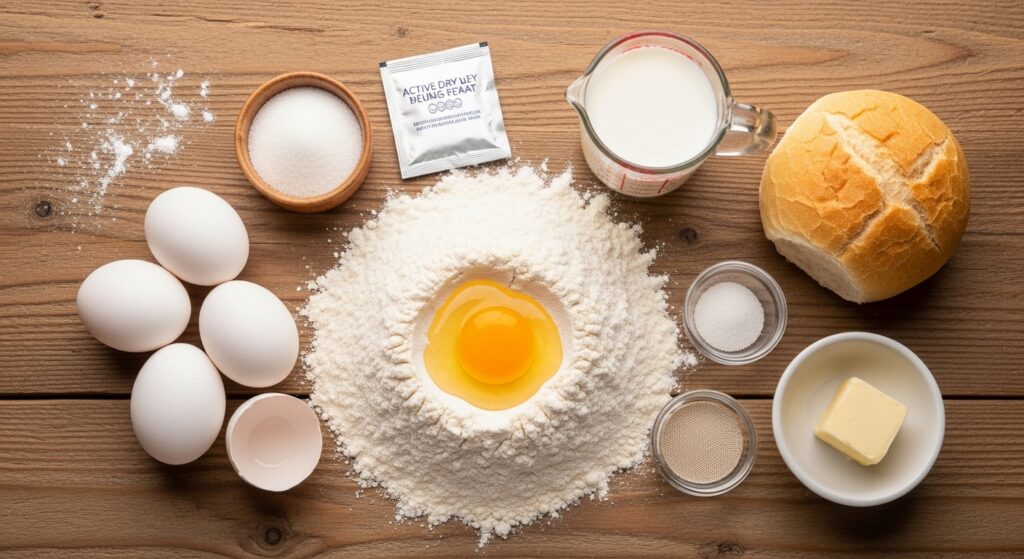 Ingredientes para a receita de pão bisnaguinha caseiro organizados em uma bancada de cozinha.