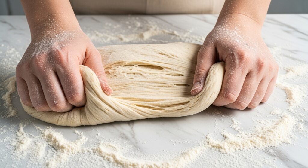 Massa da receita de pão bisnaguinha caseiro sendo preparada em bancada.