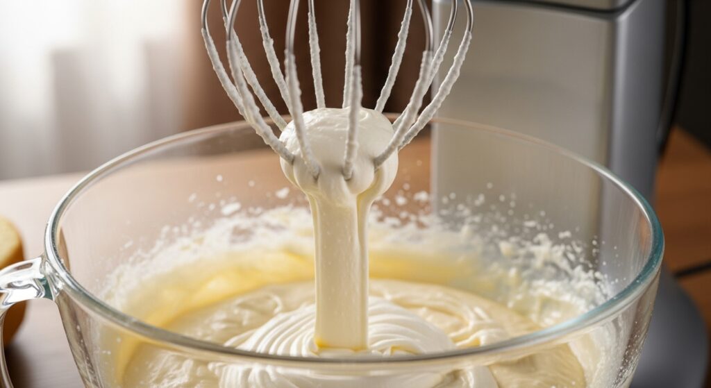 Creme de ovos e açúcar em ponto de fita para a receita de pão de ló com 3 ingredientes.