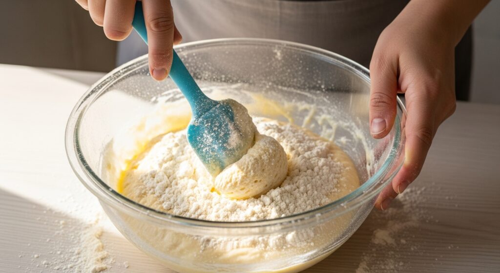 Incorporando a farinha na massa da receita de pão de ló com 3 ingredientes.