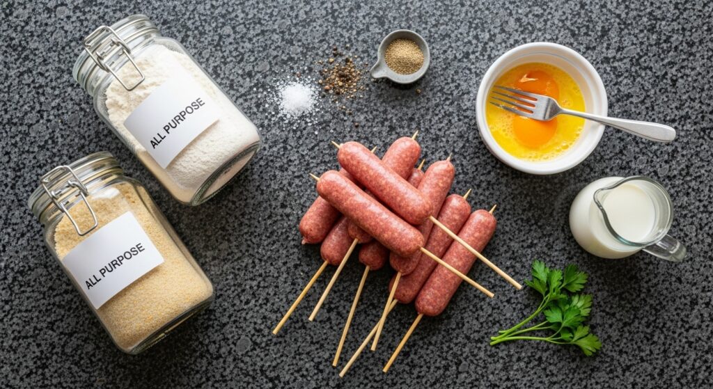 Ingredientes para a receita de salsicha empanada no palito organizados em uma bancada de cozinha.