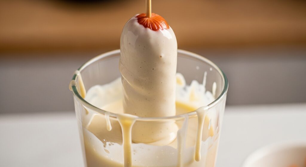 Massa da receita de salsicha empanada no palito cobrindo uma salsicha.