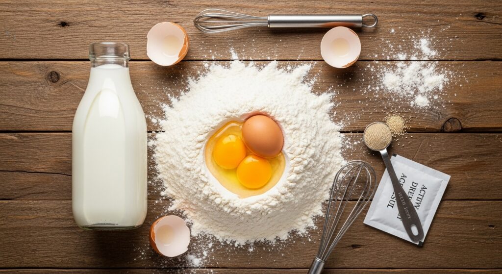 Ingredientes para a receita de sonho de padaria organizados em uma bancada de cozinha.