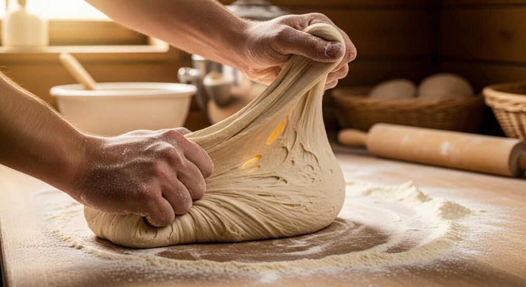 Massa da receita de sonho de padaria sendo preparada em uma bancada.
