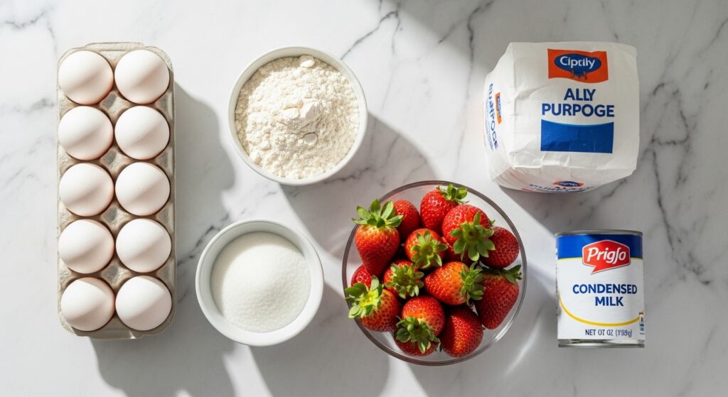 Ingredientes para a receita de torta de morango cremosa organizados em uma bancada de cozinha.