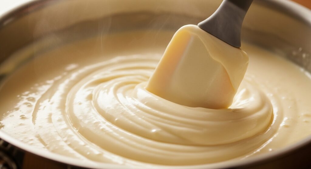 Creme da receita de torta de morango cremosa sendo preparado em uma panela.