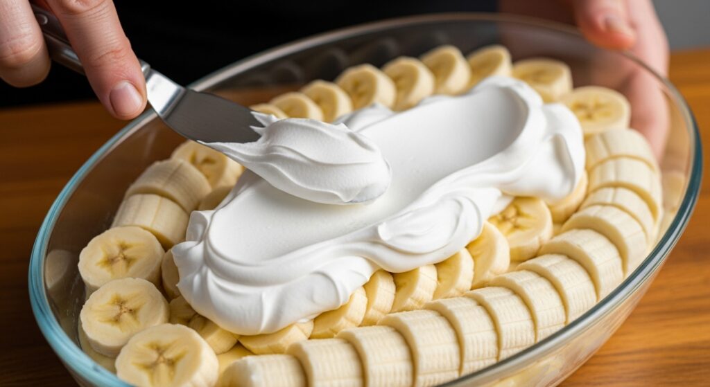 Montagem das camadas da sobremesa de banana na travessa.