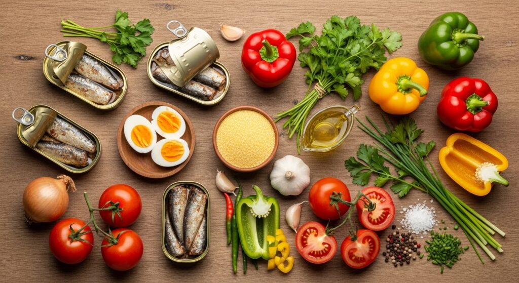 Ingredientes para a receita de cuscuz paulista com sardinha organizados em uma bancada de cozinha.