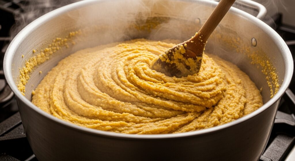 Massa da receita de cuscuz paulista com sardinha sendo preparada em uma panela.