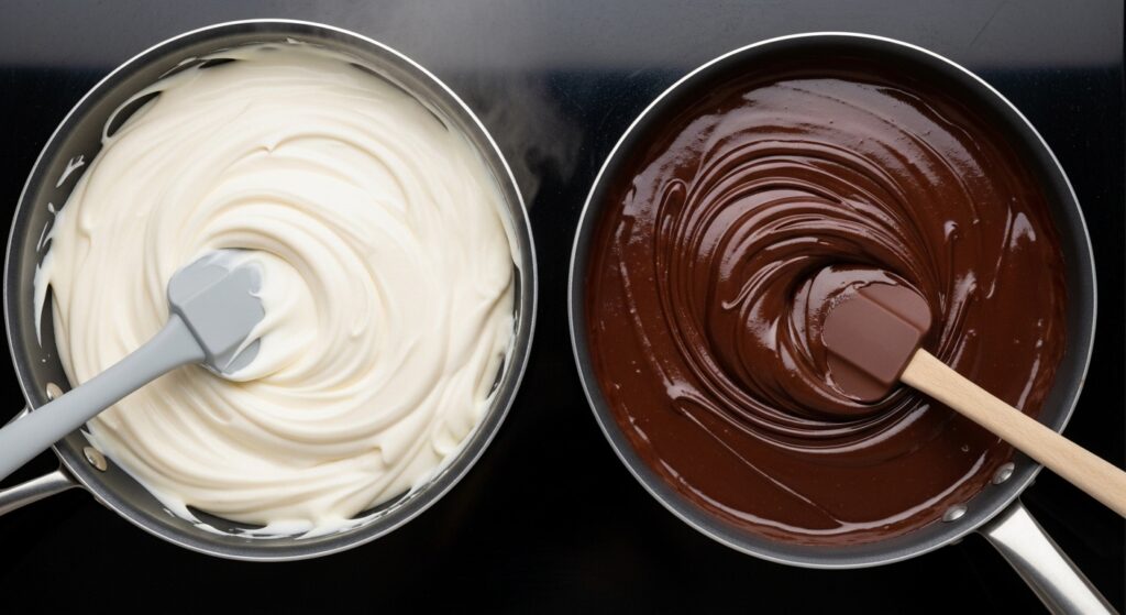 Cremes branco e de chocolate para a receita de marido gelado sendo preparados em panelas.