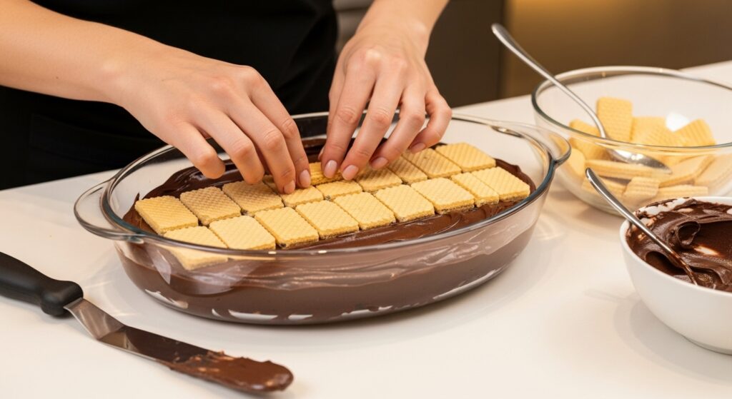Montagem da receita de marido gelado em uma travessa de vidro.