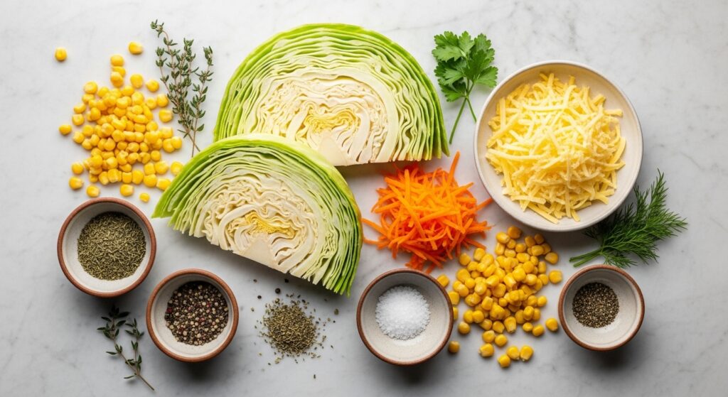 Ingredientes para a receita de repolho cremoso gratinado organizados em uma bancada de cozinha.