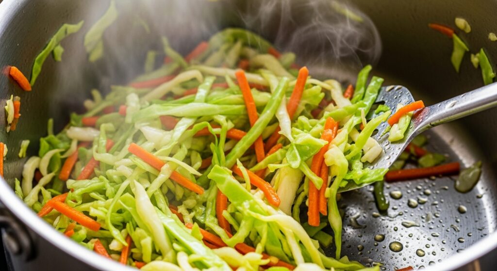 Repolho e cenoura da receita de repolho cremoso gratinado sendo refogados na panela.