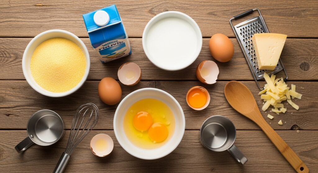 Ingredientes para bolo de fubá cremoso de liquidificador organizados em uma bancada de cozinha.