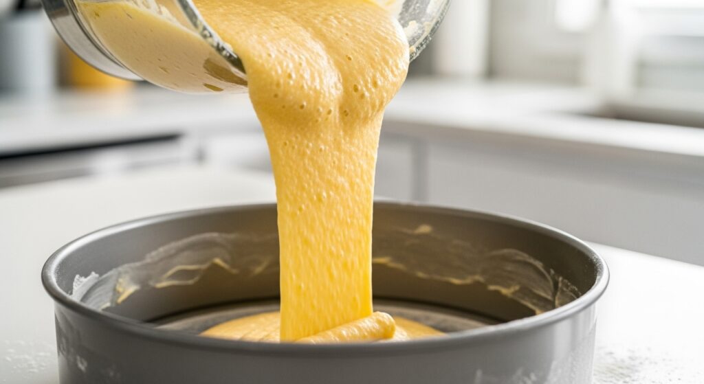 Massa de bolo de fubá cremoso de liquidificador sendo despejada na forma.