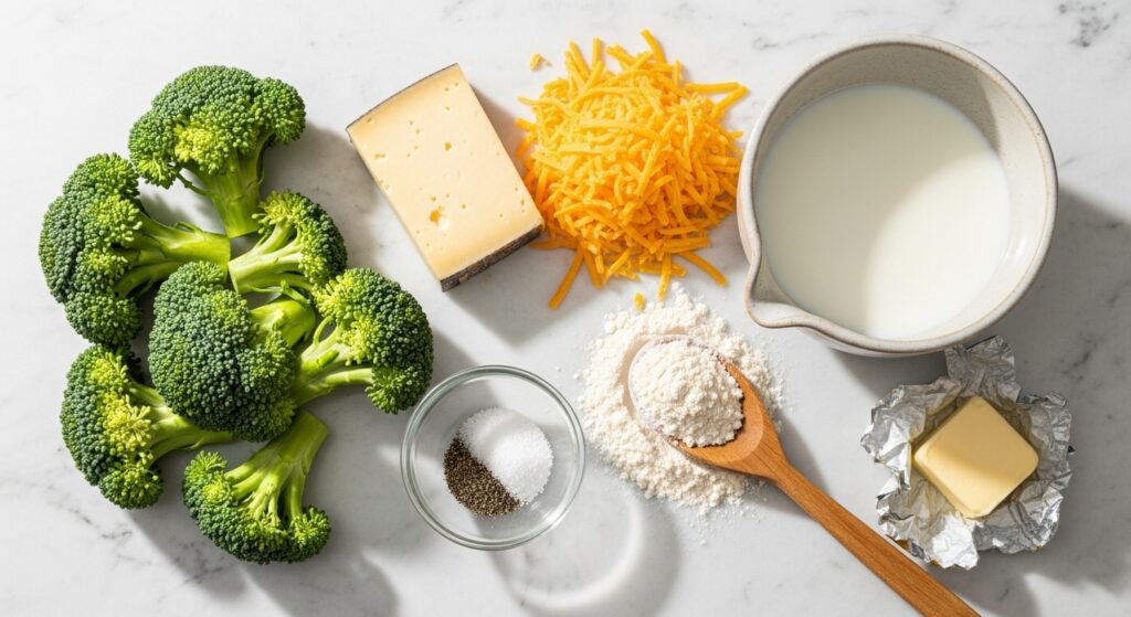 Ingredientes para a receita de brócolis ao molho branco gratinado organizados em uma bancada.