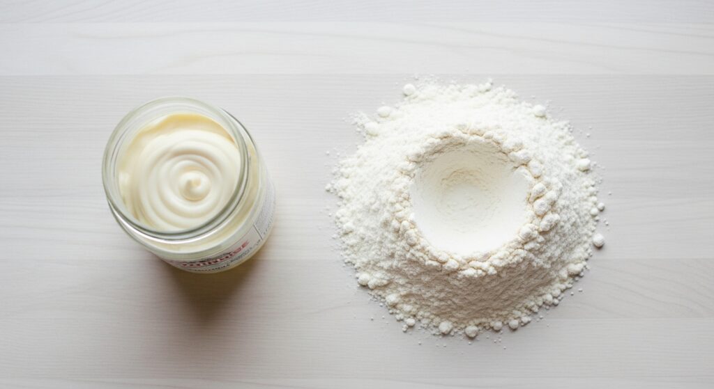 Ingredientes para a massa de empadão com 2 ingredientes, maionese e farinha, organizados em uma bancada
