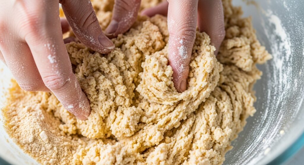 Massa de empadão com 2 ingredientes sendo preparada em uma tigela de vidro.