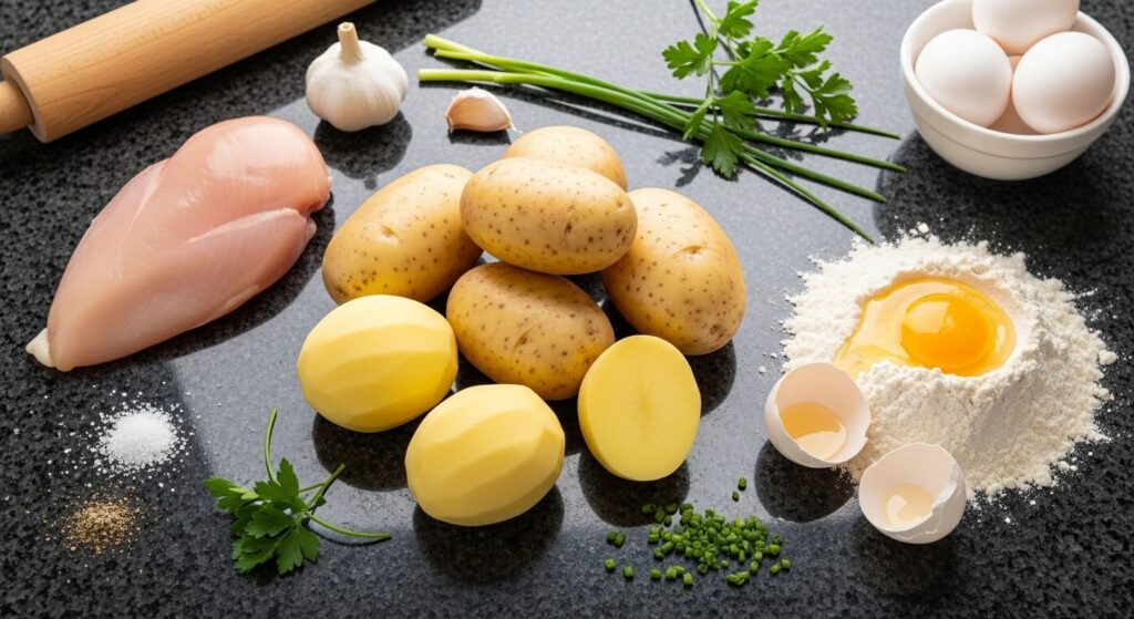 Ingredientes para a receita de bolinho de batata com frango organizados em uma bancada de cozinha.