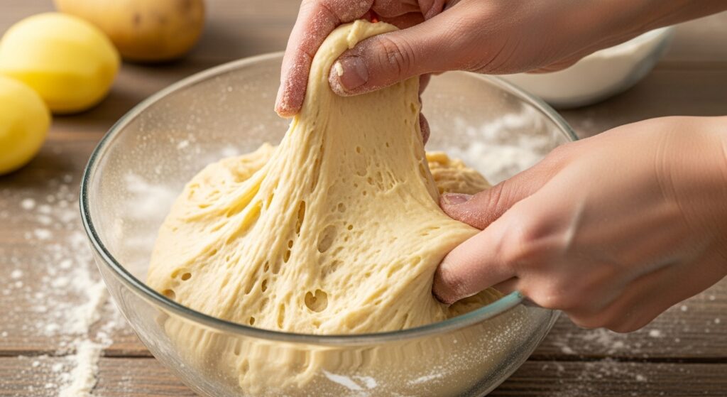 Massa da receita de bolinho de batata com frango sendo preparada em tigela de vidro