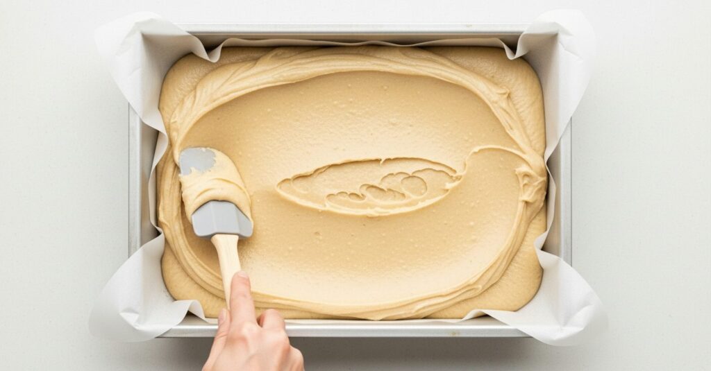 Massa para a receita de bûche de noël de chocolate sendo preparada na forma.