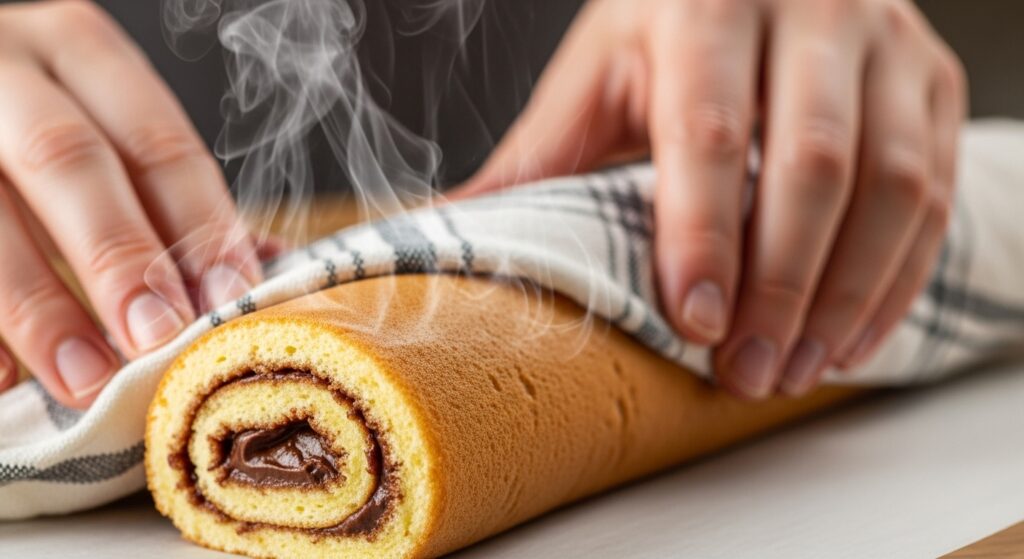 Processo de enrolar a massa da receita de bûche de noël de chocolate para não quebrar.