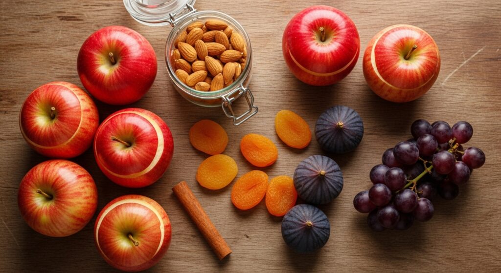 Ingredientes para a receita de maçãs de Natal recheadas organizados em uma bancada de madeira.