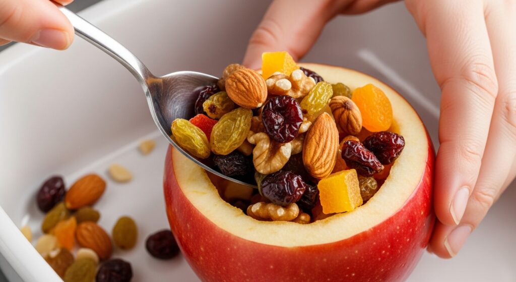 Mãos preparando a receita de maçãs de Natal recheadas, colocando o recheio dentro da fruta