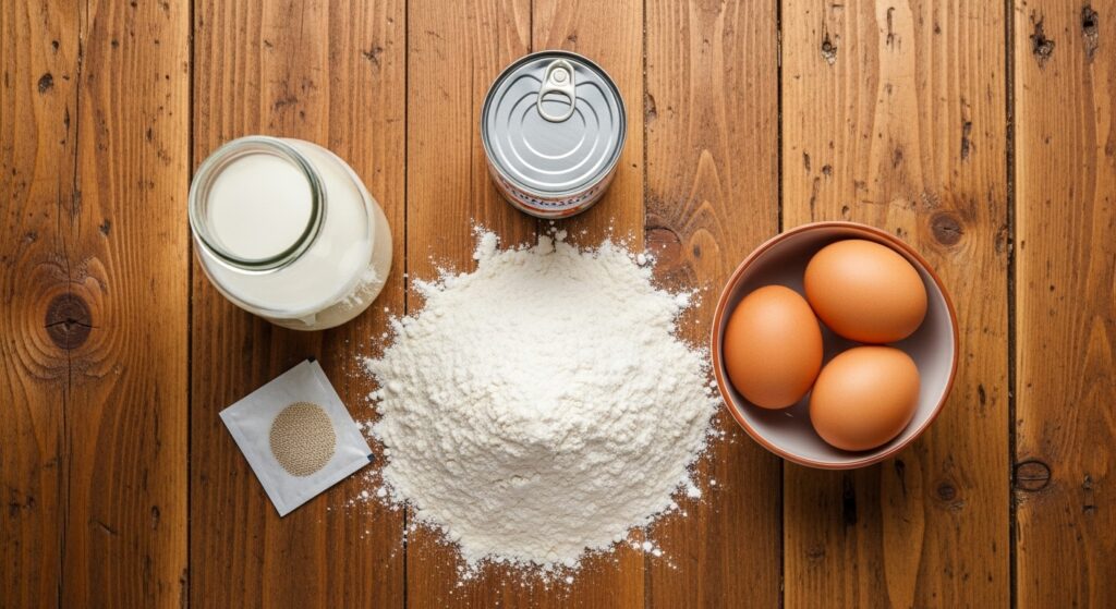 Ingredientes para a receita de pãozinho de aniversário fofinho organizados em uma bancada de cozinha.