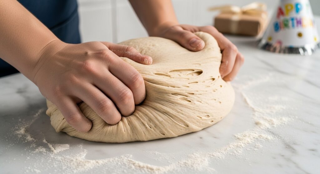 Massa da receita de pãozinho de aniversário fofinho sendo sovada em bancada de mármore.
