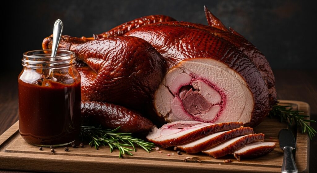 Peru de Natal defumado, fatiado em uma tábua, mostrando a suculência da carne, como parte de uma receita de peru de Natal diferente.