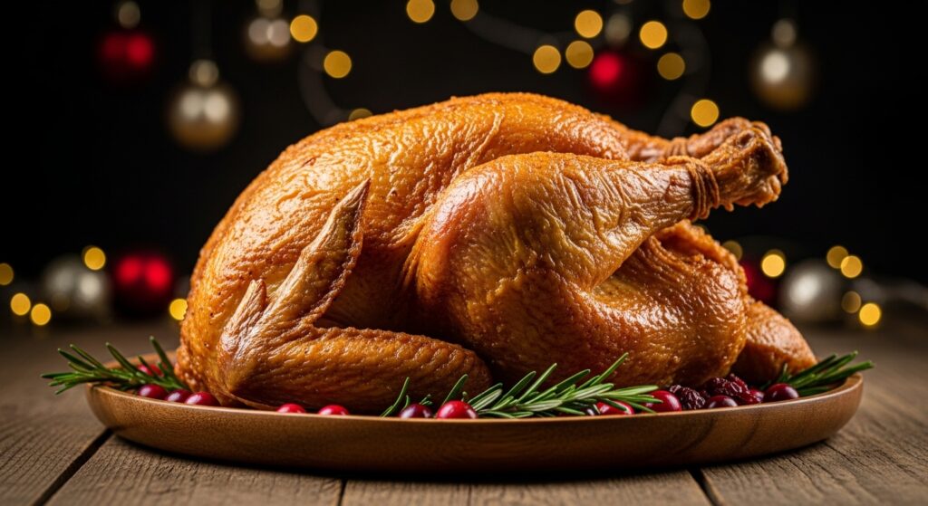 Foto mostrando uma receita de peru de Natal diferente, frito e dourado, servido em uma travessa para a ceia