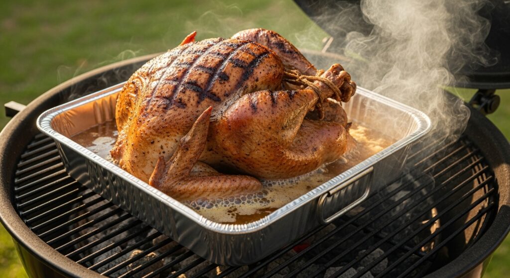 Peru inteiro sendo grelhado em uma churrasqueira como parte de uma receita de peru de Natal diferente e suculenta.