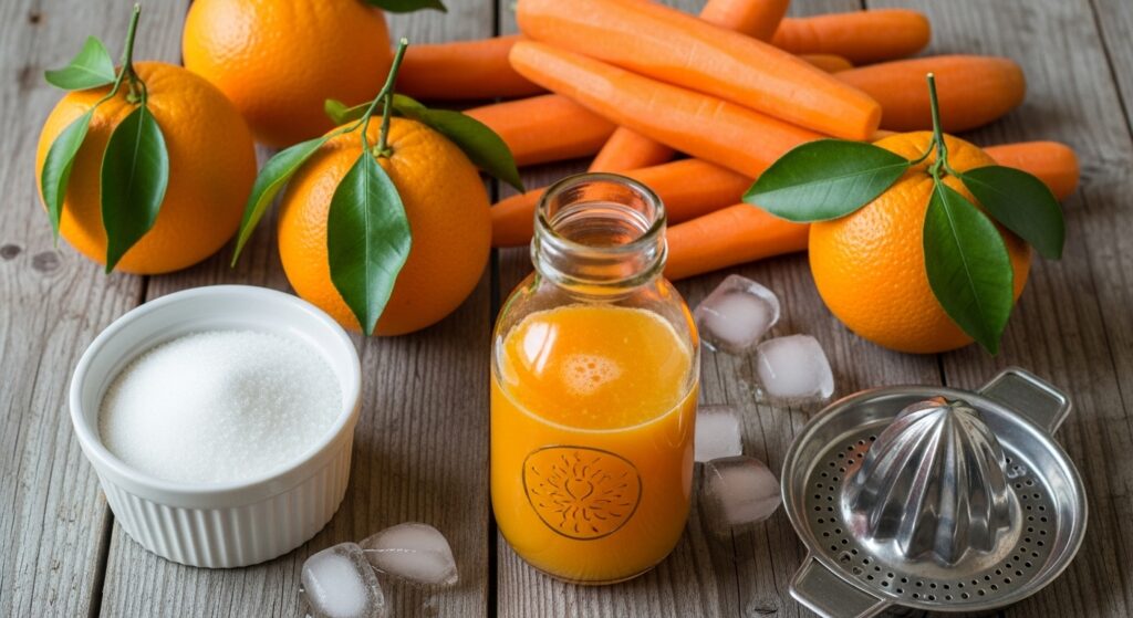 Ingredientes para a receita de refrigerante caseiro de laranja organizados em uma bancada de cozinha.