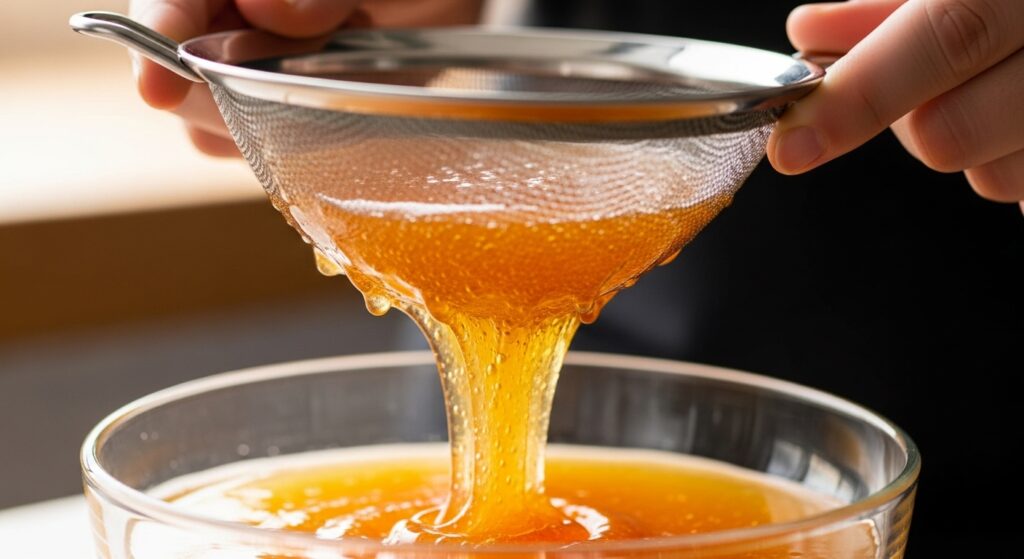 Xarope da receita de refrigerante caseiro de laranja sendo coado em uma tigela de vidro.