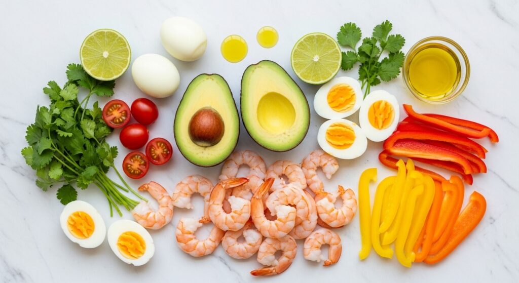 Ingredientes para a receita de salpicão de camarão com abacate organizados em uma bancada de cozinha.