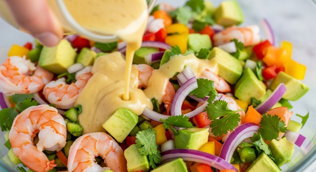 Mistura dos ingredientes da receita de salpicão de camarão com abacate em uma tigela de vidro.