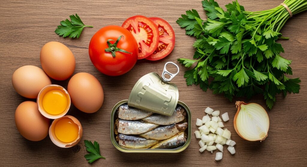 Ingredientes para a receita de sardinha com ovo organizados em uma bancada de cozinha