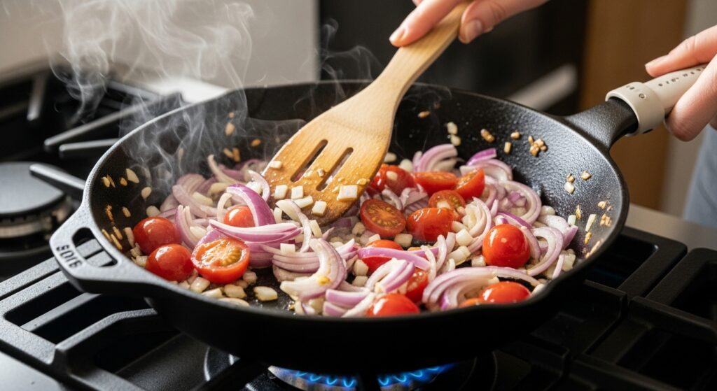 Refogado de cebola e tomate para a receita de sardinha com ovo