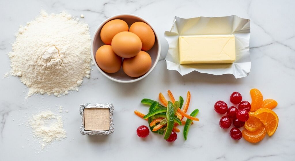 Ingredientes para a receita fácil de rosca de reis organizados em uma bancada de cozinha