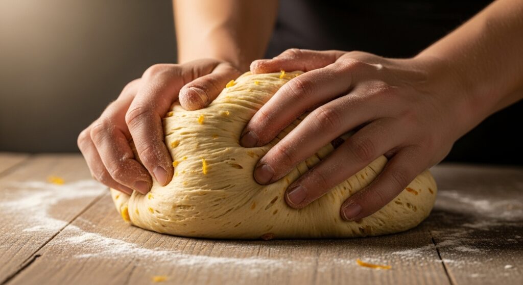 Massa da receita fácil de rosca de reis sendo preparada em uma bancada.