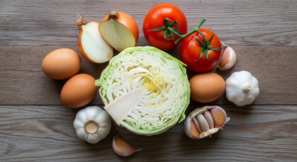 Ingredientes para a receita de repolho refogado com ovo organizados em uma bancada de cozinha.